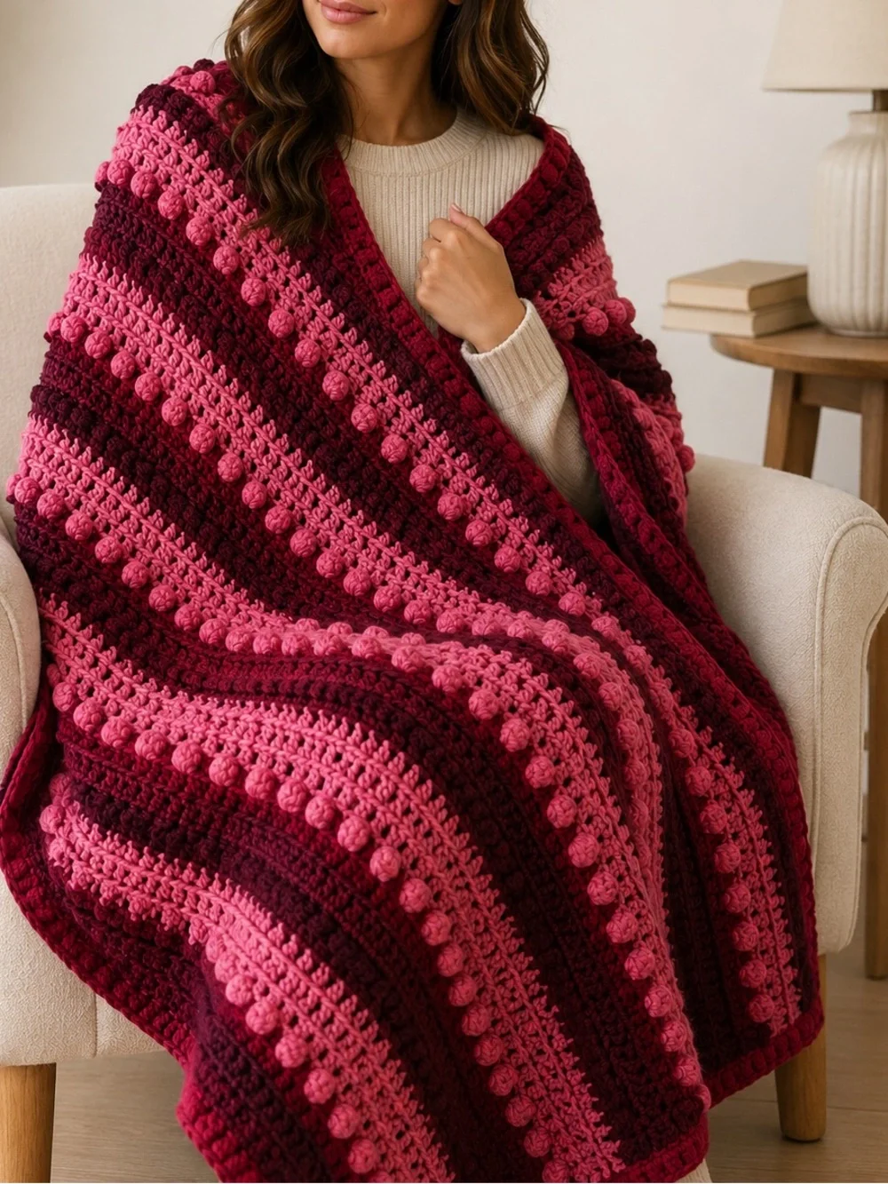 Vintage Handmade Crocheted Throw Afghan Pink Burgundy Bobble Blanket